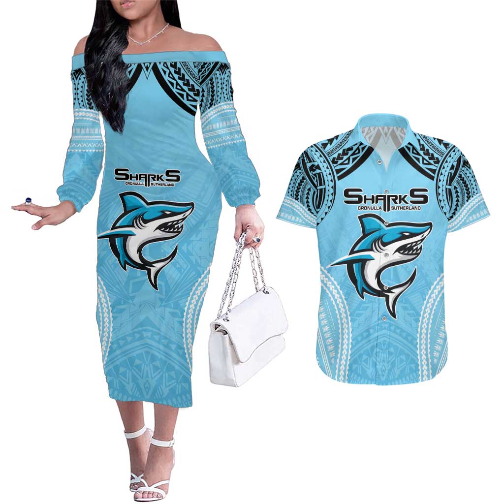 Sharks Rugby Custom Couples Matching Off The Shoulder Long Sleeve Dress and Hawaiian Shirt With Polynesian Style