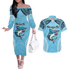 Sharks Rugby Custom Couples Matching Off The Shoulder Long Sleeve Dress and Hawaiian Shirt With Polynesian Style