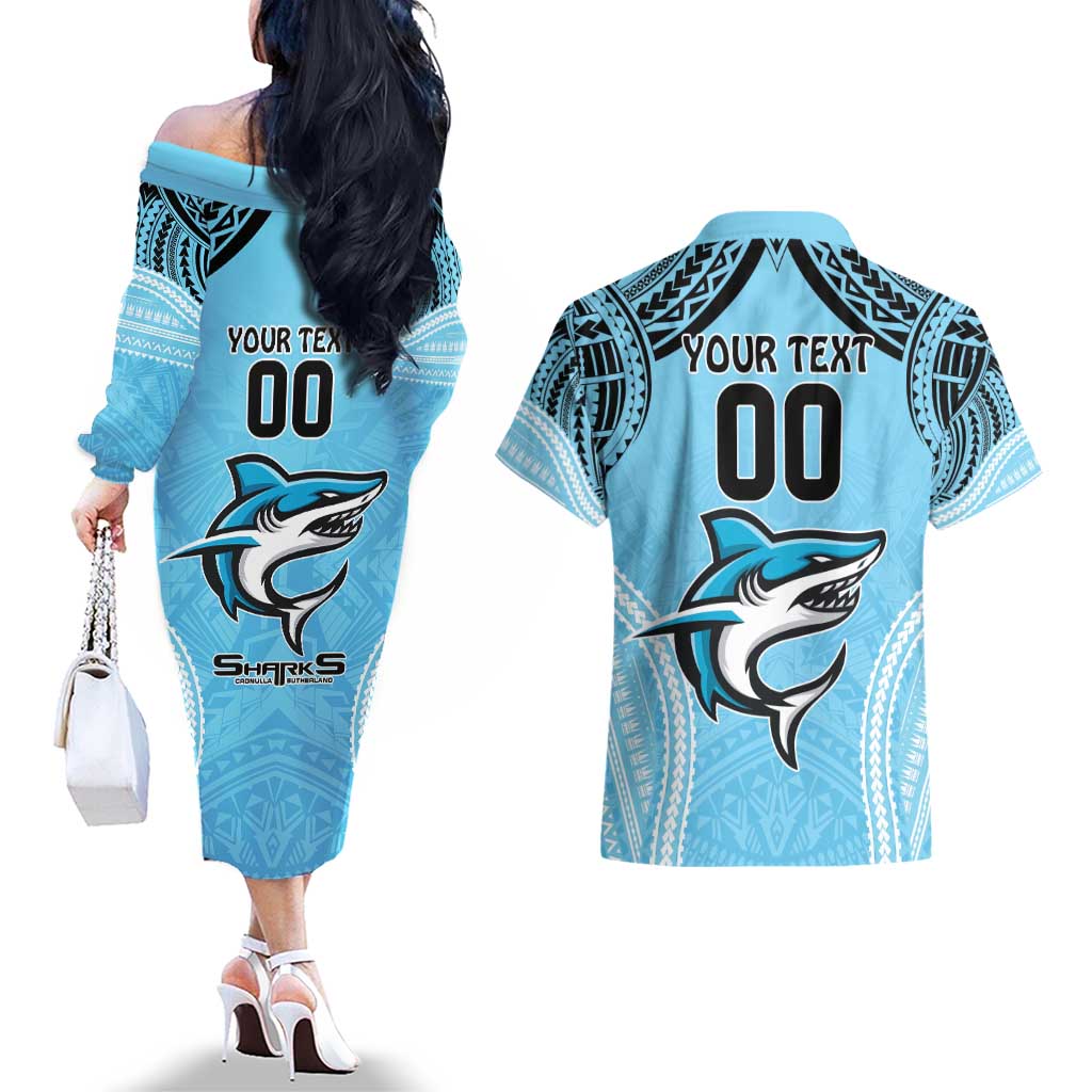 Sharks Rugby Custom Couples Matching Off The Shoulder Long Sleeve Dress and Hawaiian Shirt With Polynesian Style