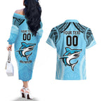Sharks Rugby Custom Couples Matching Off The Shoulder Long Sleeve Dress and Hawaiian Shirt With Polynesian Style