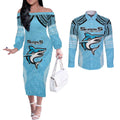 Sharks Rugby Custom Couples Matching Off The Shoulder Long Sleeve Dress and Long Sleeve Button Shirt With Polynesian Style