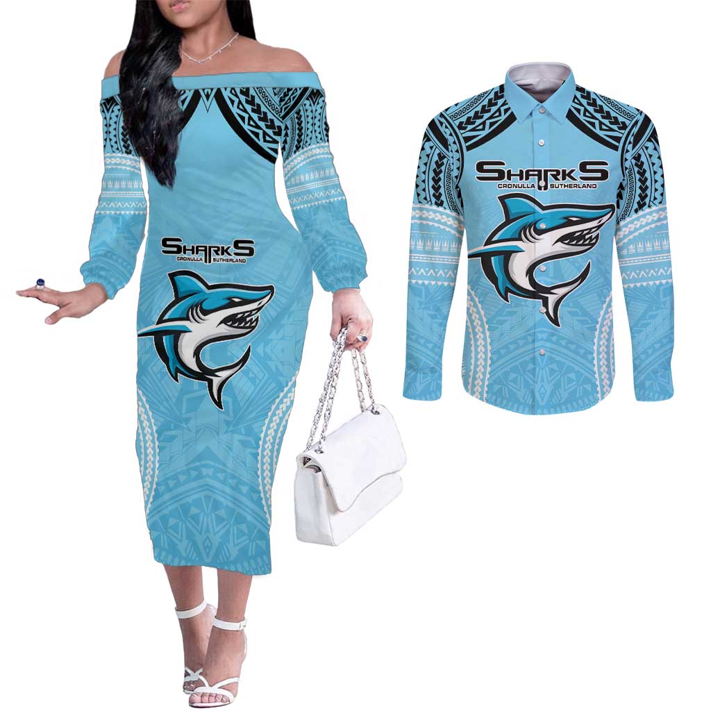 Sharks Rugby Custom Couples Matching Off The Shoulder Long Sleeve Dress and Long Sleeve Button Shirt With Polynesian Style