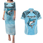 Sharks Rugby Custom Couples Matching Puletasi and Hawaiian Shirt With Polynesian Style
