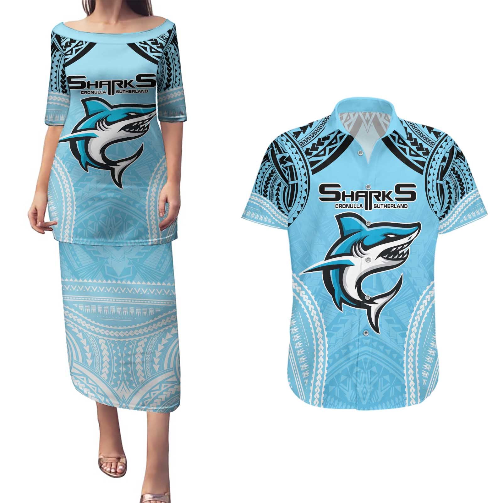 Sharks Rugby Custom Couples Matching Puletasi and Hawaiian Shirt With Polynesian Style