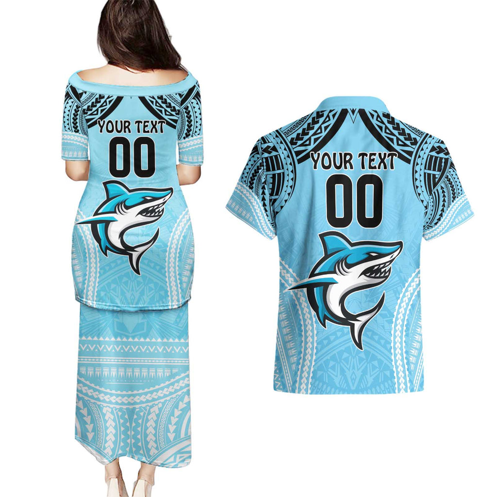 Sharks Rugby Custom Couples Matching Puletasi and Hawaiian Shirt With Polynesian Style