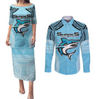 Sharks Rugby Custom Couples Matching Puletasi and Long Sleeve Button Shirt With Polynesian Style
