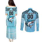 Sharks Rugby Custom Couples Matching Puletasi and Long Sleeve Button Shirt With Polynesian Style