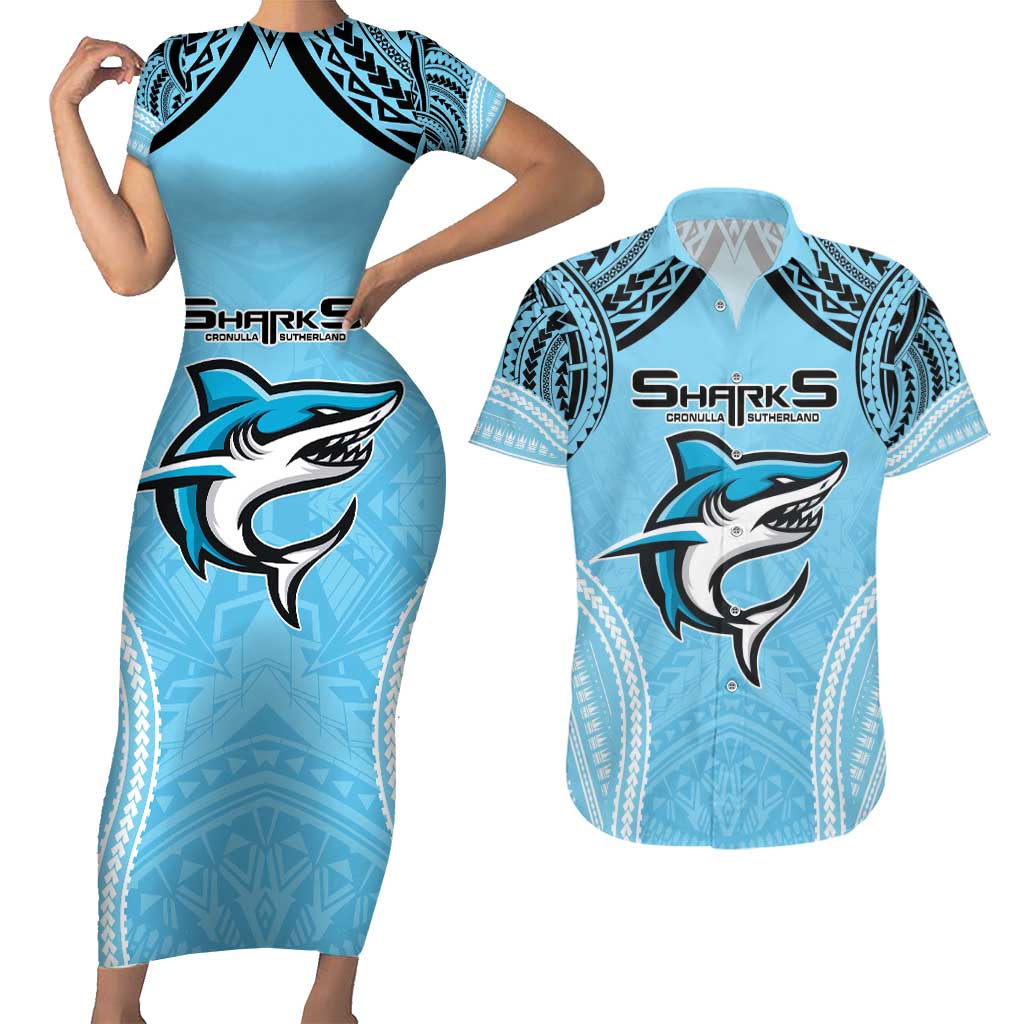 Sharks Rugby Custom Couples Matching Short Sleeve Bodycon Dress and Hawaiian Shirt With Polynesian Style