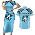 Sharks Rugby Custom Couples Matching Short Sleeve Bodycon Dress and Hawaiian Shirt With Polynesian Style