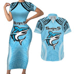 Sharks Rugby Custom Couples Matching Short Sleeve Bodycon Dress and Hawaiian Shirt With Polynesian Style