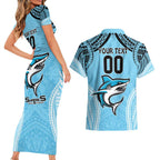 Sharks Rugby Custom Couples Matching Short Sleeve Bodycon Dress and Hawaiian Shirt With Polynesian Style