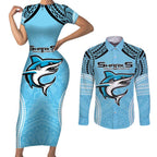Sharks Rugby Custom Couples Matching Short Sleeve Bodycon Dress and Long Sleeve Button Shirt With Polynesian Style