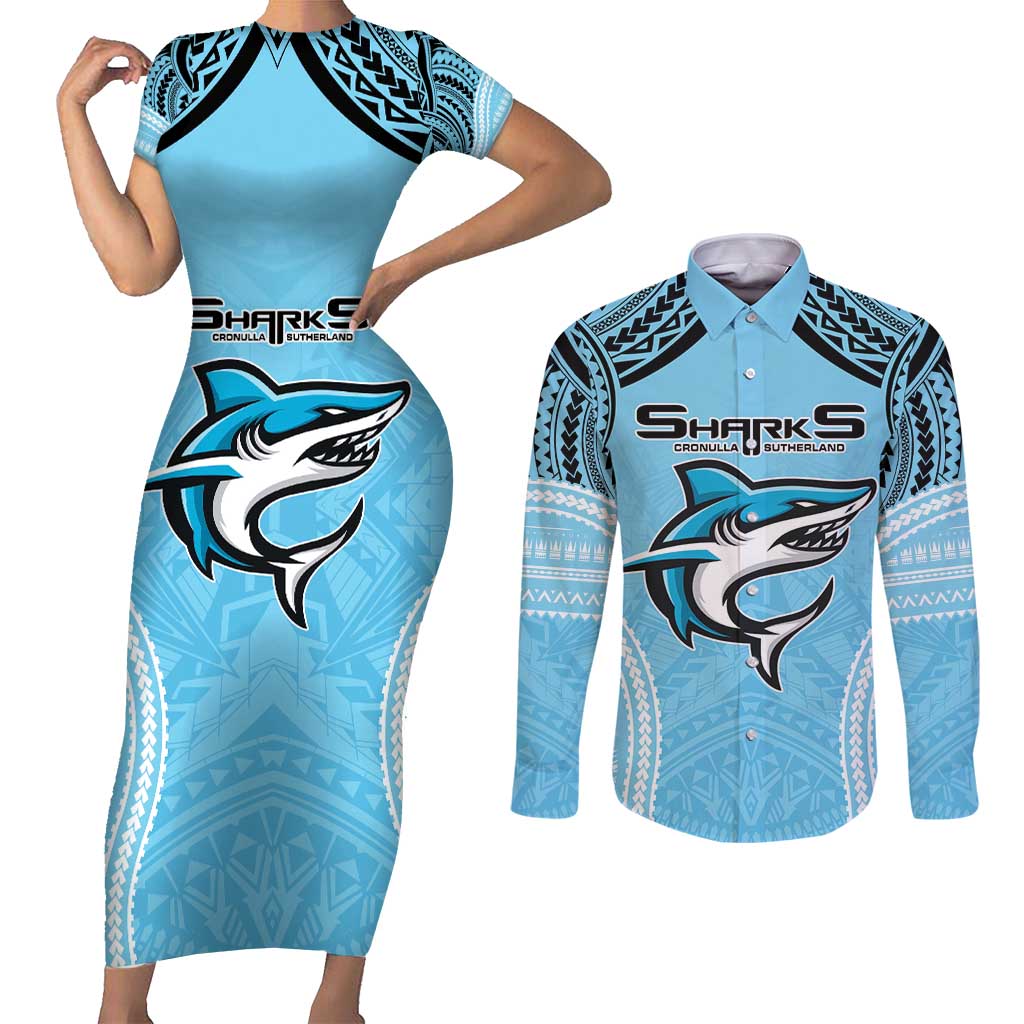Sharks Rugby Custom Couples Matching Short Sleeve Bodycon Dress and Long Sleeve Button Shirt With Polynesian Style