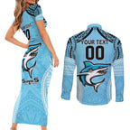 Sharks Rugby Custom Couples Matching Short Sleeve Bodycon Dress and Long Sleeve Button Shirt With Polynesian Style