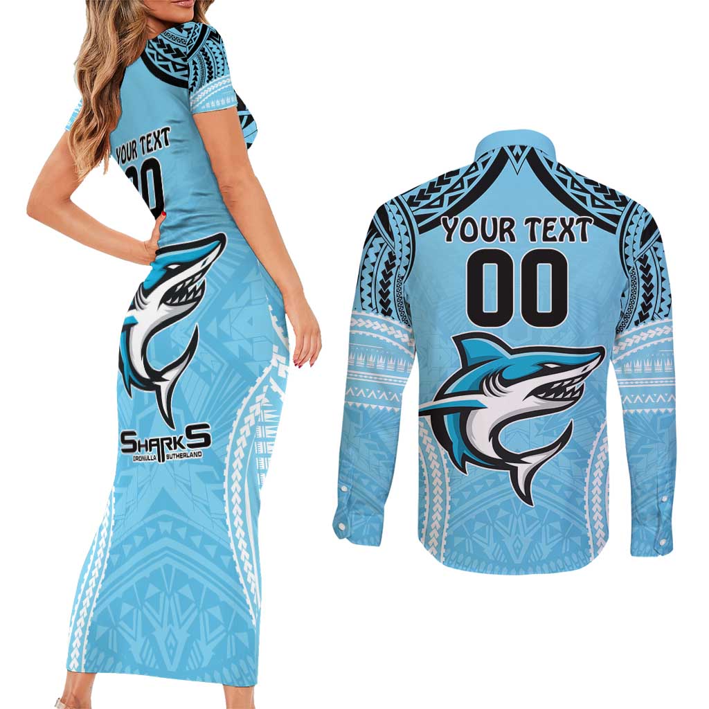 Sharks Rugby Custom Couples Matching Short Sleeve Bodycon Dress and Long Sleeve Button Shirt With Polynesian Style