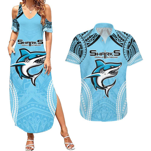 Sharks Rugby Custom Couples Matching Summer Maxi Dress and Hawaiian Shirt With Polynesian Style