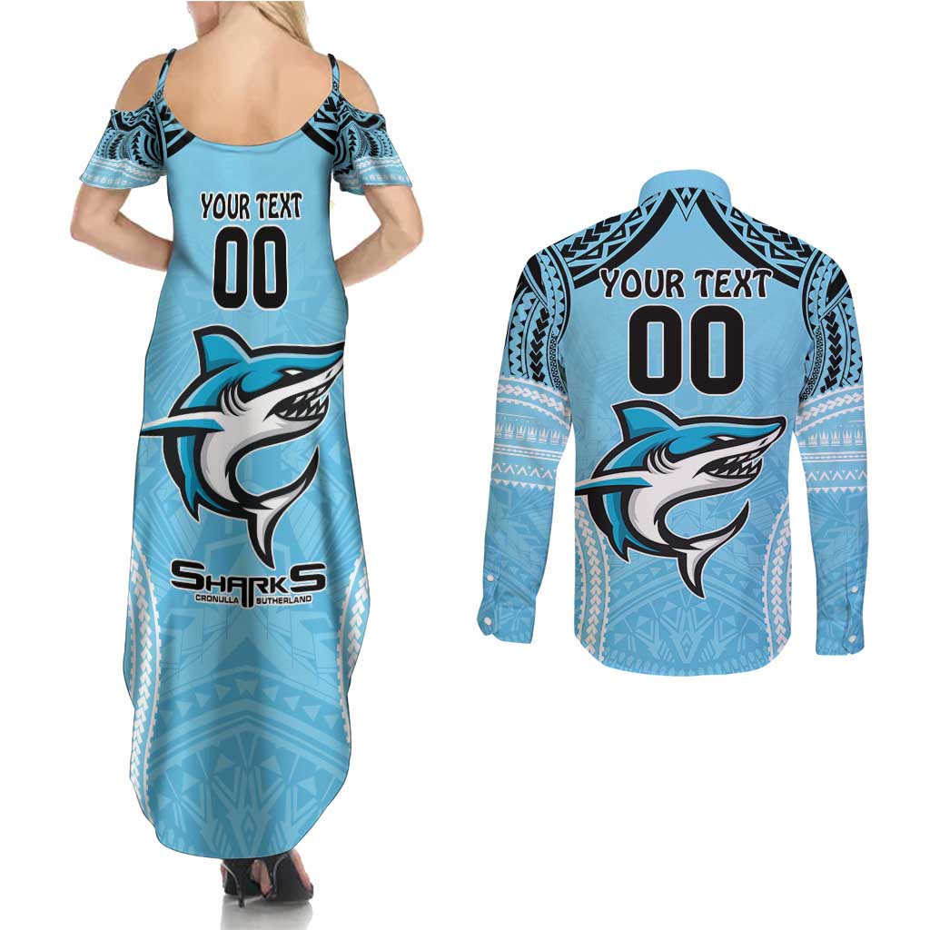 Sharks Rugby Custom Couples Matching Summer Maxi Dress and Long Sleeve Button Shirt With Polynesian Style