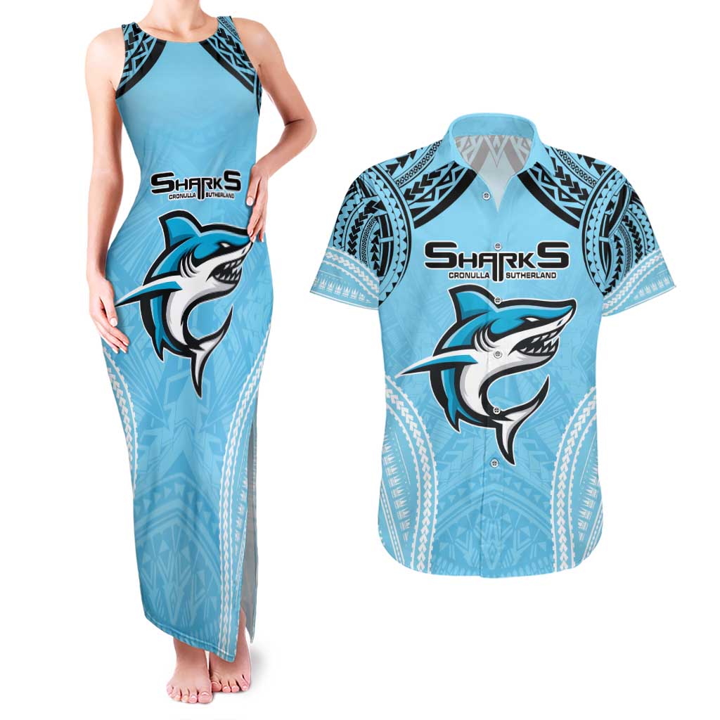Sharks Rugby Custom Couples Matching Tank Maxi Dress and Hawaiian Shirt With Polynesian Style