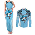 Sharks Rugby Custom Couples Matching Tank Maxi Dress and Long Sleeve Button Shirt With Polynesian Style