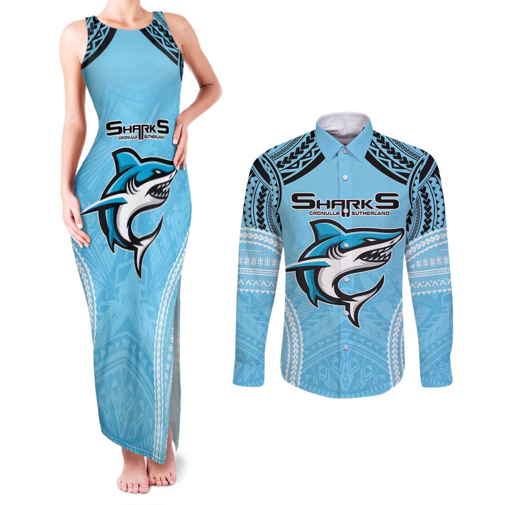 Sharks Rugby Custom Couples Matching Tank Maxi Dress and Long Sleeve Button Shirt With Polynesian Style