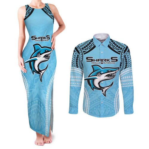 Sharks Rugby Custom Couples Matching Tank Maxi Dress and Long Sleeve Button Shirt With Polynesian Style