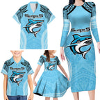 Sharks Rugby Custom Family Matching Long Sleeve Bodycon Dress and Hawaiian Shirt With Polynesian Style