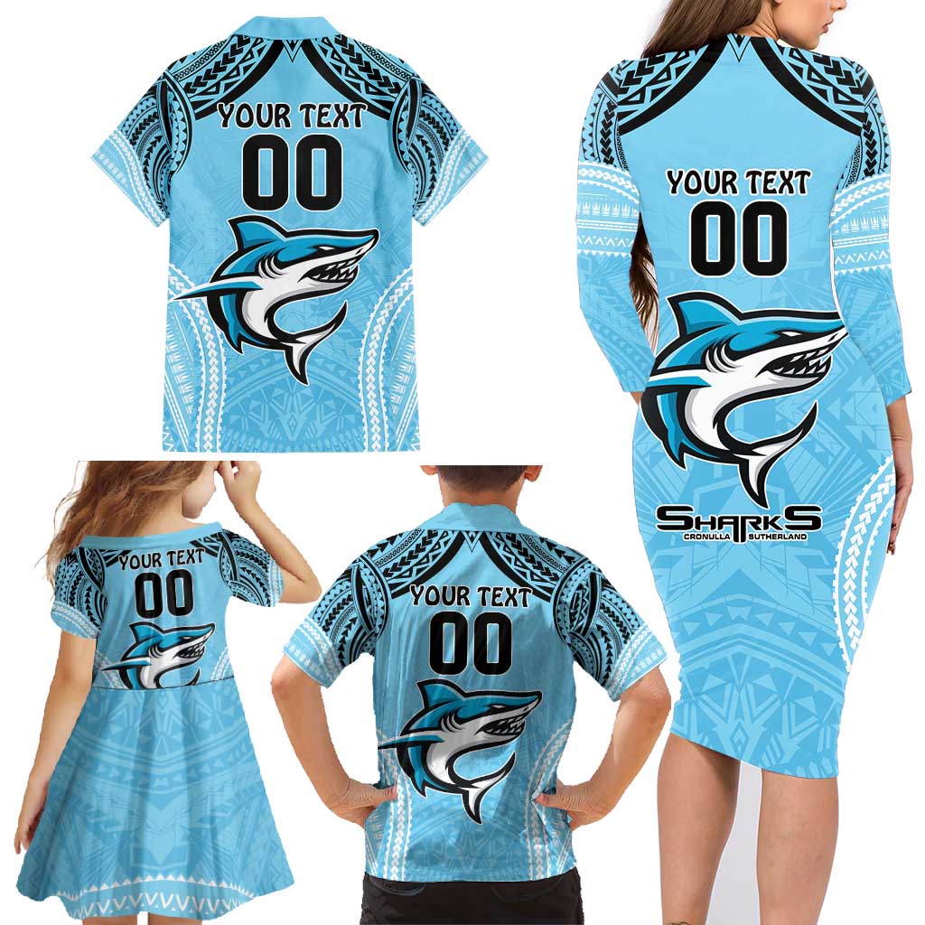 Sharks Rugby Custom Family Matching Long Sleeve Bodycon Dress and Hawaiian Shirt With Polynesian Style