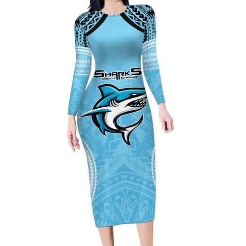 Sharks Rugby Custom Family Matching Long Sleeve Bodycon Dress and Hawaiian Shirt With Polynesian Style