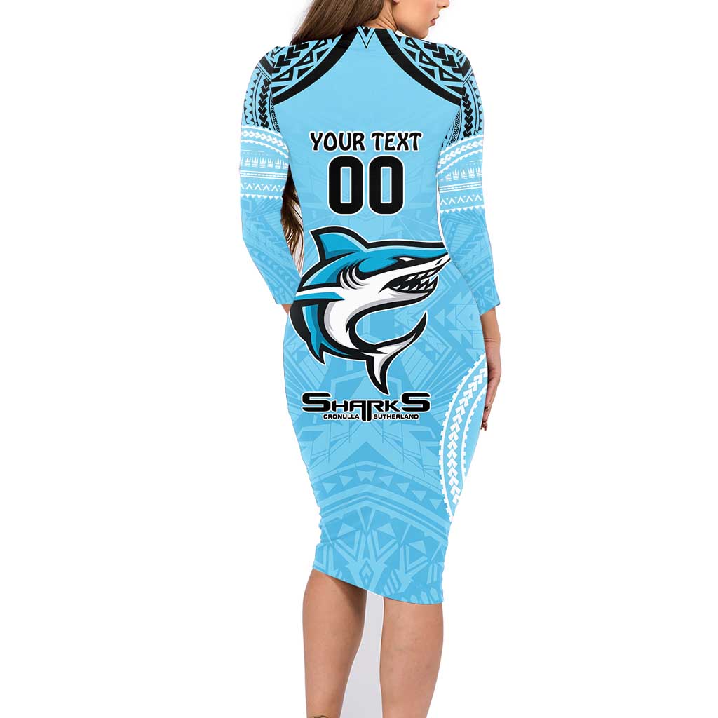 Sharks Rugby Custom Family Matching Long Sleeve Bodycon Dress and Hawaiian Shirt With Polynesian Style