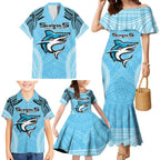 Sharks Rugby Custom Family Matching Mermaid Dress and Hawaiian Shirt With Polynesian Style
