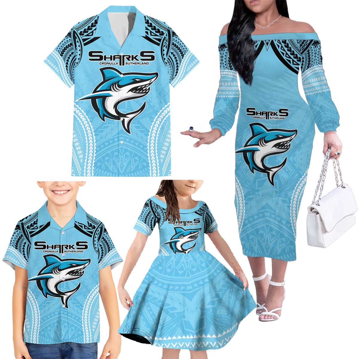 Sharks Rugby Custom Family Matching Off The Shoulder Long Sleeve Dress and Hawaiian Shirt With Polynesian Style