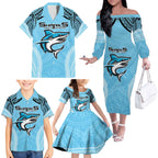 Sharks Rugby Custom Family Matching Off The Shoulder Long Sleeve Dress and Hawaiian Shirt With Polynesian Style