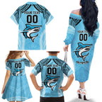 Sharks Rugby Custom Family Matching Off The Shoulder Long Sleeve Dress and Hawaiian Shirt With Polynesian Style