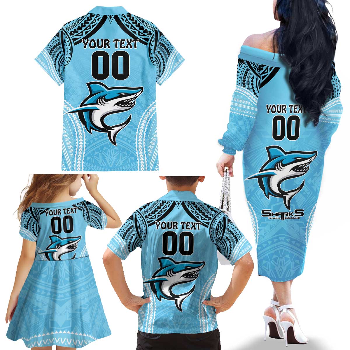 Sharks Rugby Custom Family Matching Off The Shoulder Long Sleeve Dress and Hawaiian Shirt With Polynesian Style