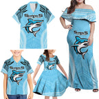 Sharks Rugby Custom Family Matching Off Shoulder Maxi Dress and Hawaiian Shirt With Polynesian Style