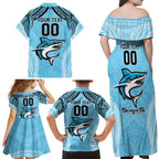 Sharks Rugby Custom Family Matching Off Shoulder Maxi Dress and Hawaiian Shirt With Polynesian Style
