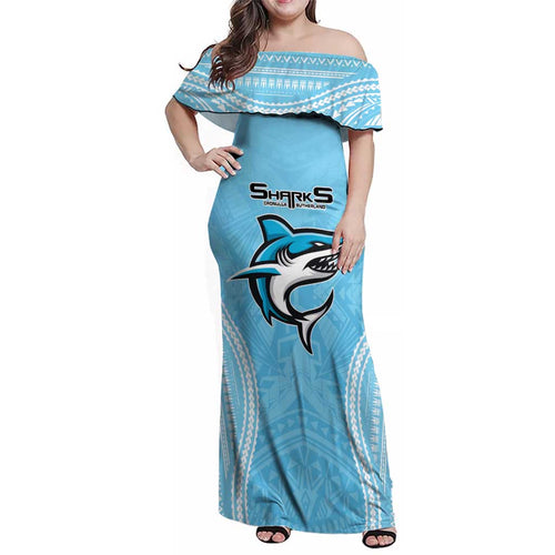 Sharks Rugby Custom Family Matching Off Shoulder Maxi Dress and Hawaiian Shirt With Polynesian Style