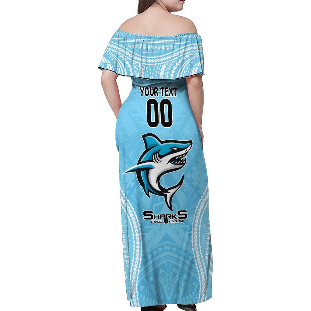 Sharks Rugby Custom Family Matching Off Shoulder Maxi Dress and Hawaiian Shirt With Polynesian Style
