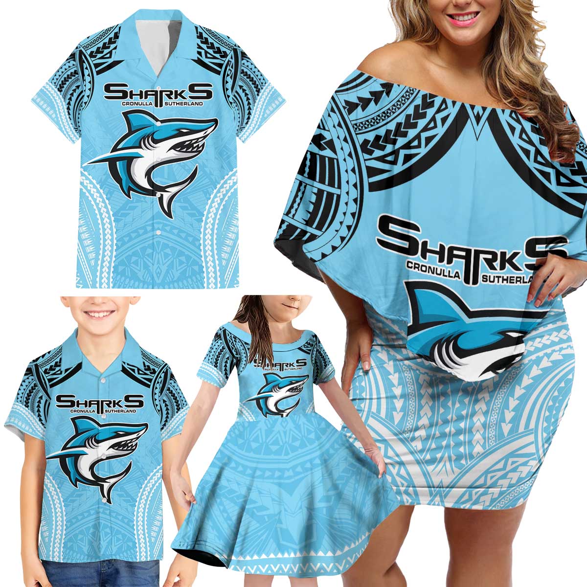 Sharks Rugby Custom Family Matching Off Shoulder Short Dress and Hawaiian Shirt With Polynesian Style