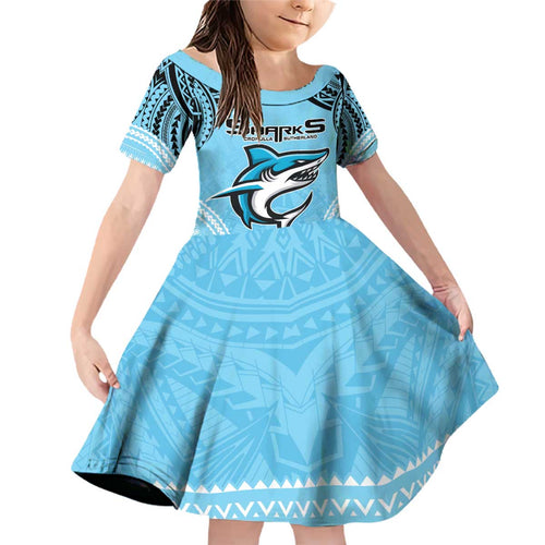 Sharks Rugby Custom Family Matching Off Shoulder Short Dress and Hawaiian Shirt With Polynesian Style