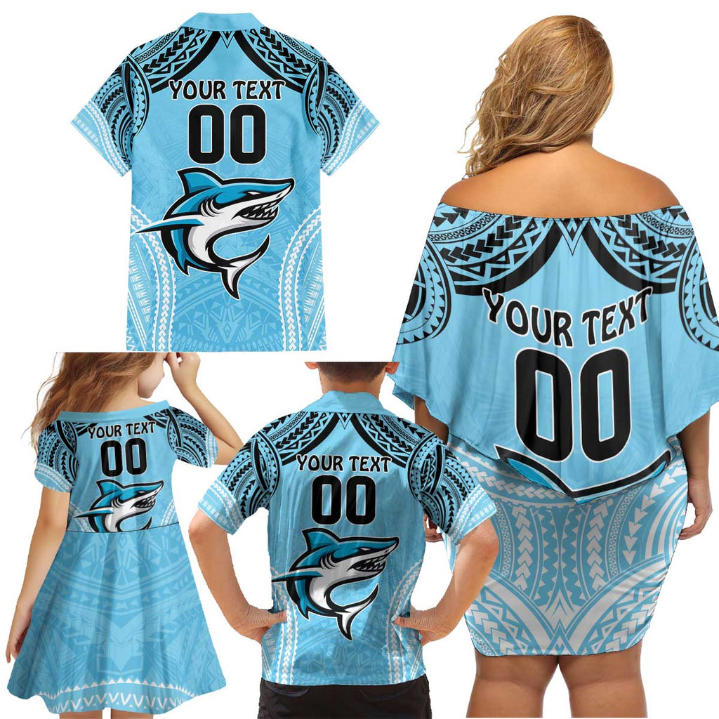 Sharks Rugby Custom Family Matching Off Shoulder Short Dress and Hawaiian Shirt With Polynesian Style