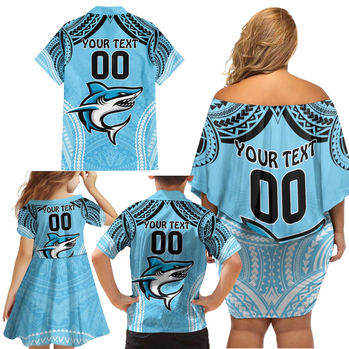 Sharks Rugby Custom Family Matching Off Shoulder Short Dress and Hawaiian Shirt With Polynesian Style