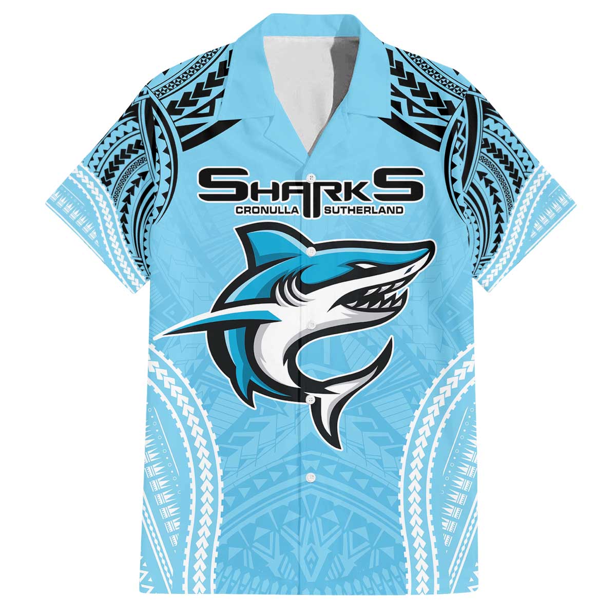 Sharks Rugby Custom Family Matching Off Shoulder Short Dress and Hawaiian Shirt With Polynesian Style