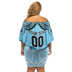 Sharks Rugby Custom Family Matching Off Shoulder Short Dress and Hawaiian Shirt With Polynesian Style