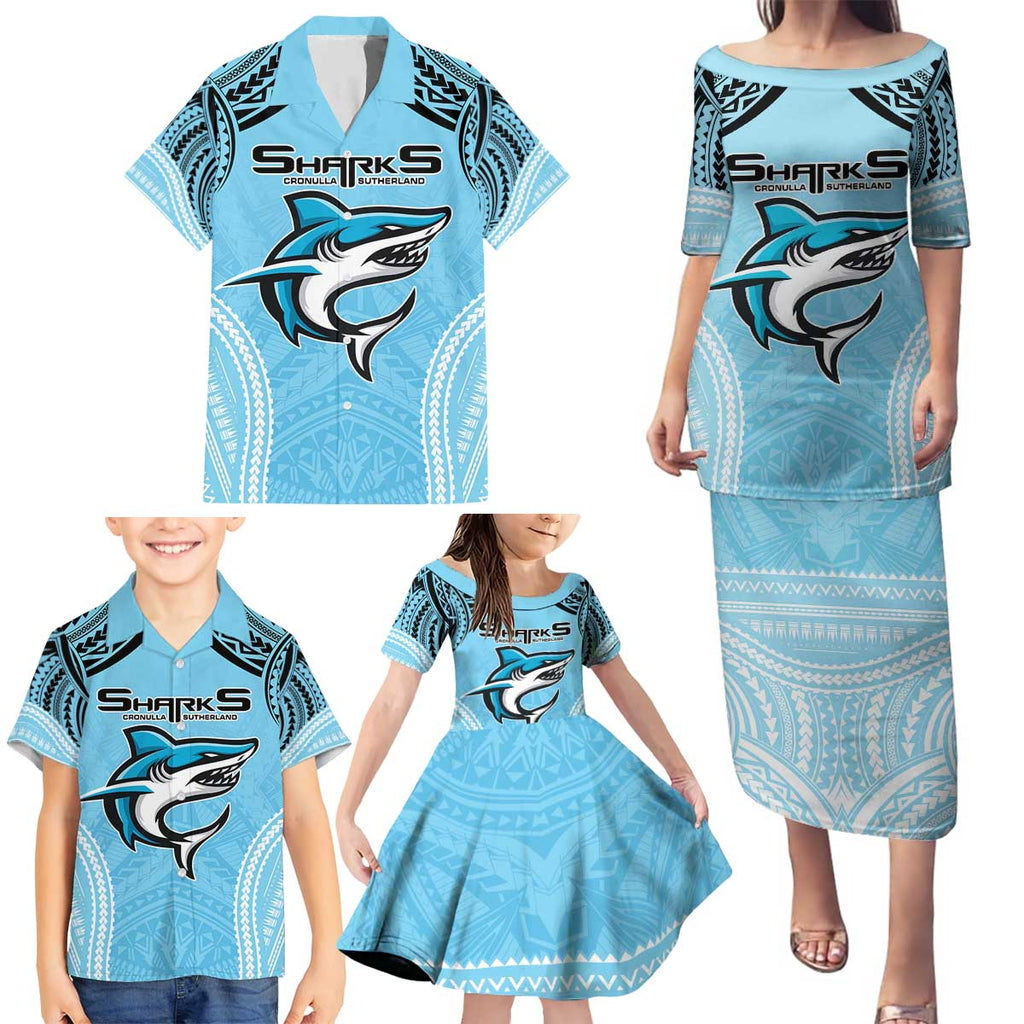 Sharks Rugby Custom Family Matching Puletasi and Hawaiian Shirt With Polynesian Style