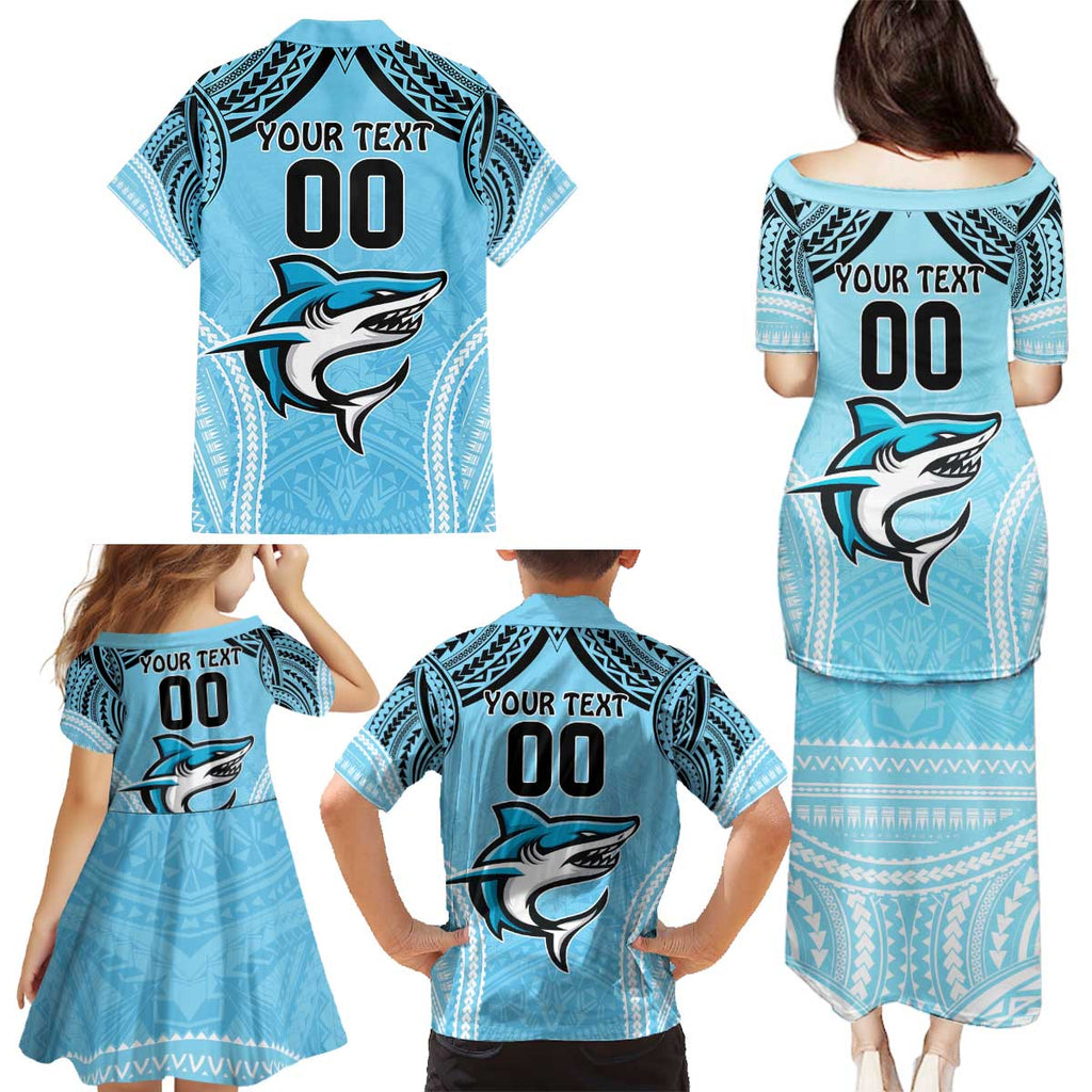 Sharks Rugby Custom Family Matching Puletasi and Hawaiian Shirt With Polynesian Style