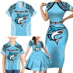 Sharks Rugby Custom Family Matching Short Sleeve Bodycon Dress and Hawaiian Shirt With Polynesian Style