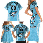 Sharks Rugby Custom Family Matching Short Sleeve Bodycon Dress and Hawaiian Shirt With Polynesian Style