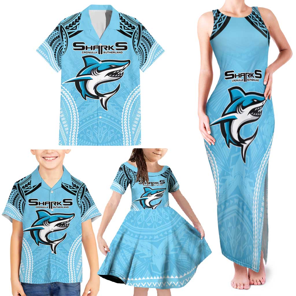 Sharks Rugby Custom Family Matching Tank Maxi Dress and Hawaiian Shirt With Polynesian Style