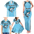 Sharks Rugby Custom Family Matching Tank Maxi Dress and Hawaiian Shirt With Polynesian Style